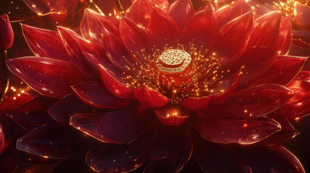 This captivating close-up image showcases a vibrant red lotus flower in full bloom, radiating beauty with glowing particles, evoking a sense of tranquility and elegance.の素材