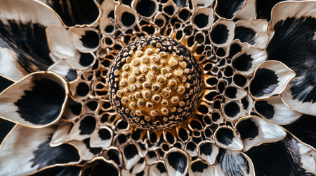 Discover the stunning details of a black and gold floral design, featuring textured petals and a captivating center. This image beautifully captures the elegance of nature in an artistic way.の素材