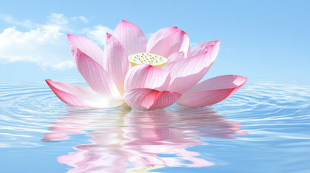 A stunning pink lotus flower gracefully floats on calm water, reflecting its beauty against a bright blue sky, creating a serene and tranquil atmosphere.の素材