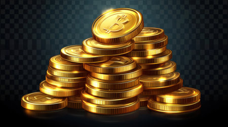A striking visual of shiny gold coins piled high against a dark background, representing wealth, prosperity, and the concept of digital currency.の素材