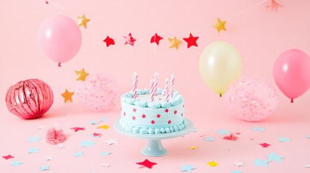 A delightful birthday scene featuring a blue cake adorned with stars and candles, set against a whimsical pink backdrop filled with balloons and festive decor.の素材