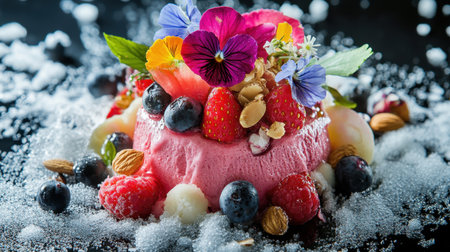 This vibrant dessert features rich flavors of berries and creamy textures, beautifully garnished with colorful edible flowers, ideal for a summer treat.の素材