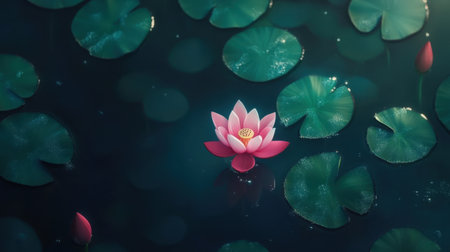 A stunning pink lotus flower floats gracefully on calm water, surrounded by vibrant green lily pads, creating a peaceful and serene natural scene.の素材