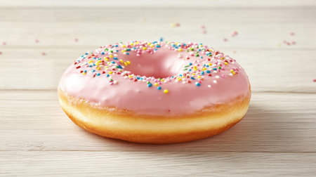 A delightful pink frosted donut topped with colorful sprinkles, perfect for dessert lovers. Ideal for bakery promotions or delightful breakfast imagery.の素材
