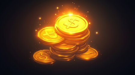 A visually striking image of glittering gold coins stacked together, radiating a warm glow and sparkling effects, ideal for themes of wealth and prosperity.の素材