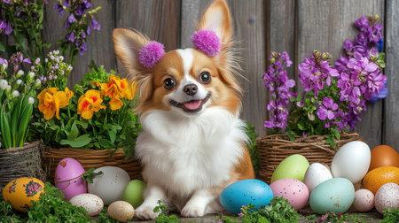 A cheerful Chihuahua poses happily among colorful Easter eggs and seasonal flowers, creating a delightful spring atmosphere perfect for festive celebrations.の素材