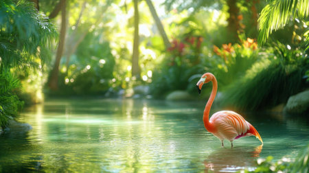 A vibrant flamingo elegantly stands in a serene tropical oasis, surrounded by lush greenery and calm waters, creating a picturesque natural scene.の素材