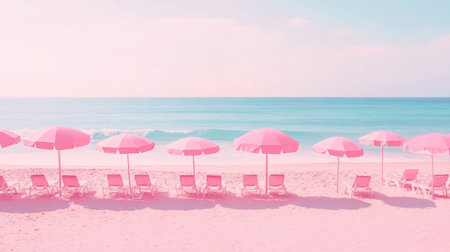 This stunning beach scene features rows of pink umbrellas and chairs lining the shore, offering a perfect spot to relax by the gentle waves and enjoy the serene atmosphere.の素材