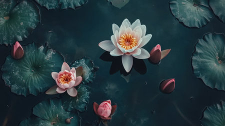 This captivating image features blossoming water lilies in a tranquil pond, surrounded by lush green leaves and delicate buds, capturing serene natural beauty.の素材