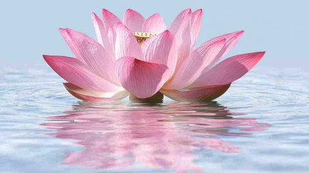 A stunning pink lotus flower gently floats on a serene water surface, creating a perfect reflection that showcases the beauty and tranquility of nature.の素材