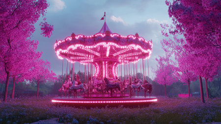 An enchanting carousel sits in a serene park, surrounded by vibrant pink trees and colorful flowers, creating a magical and whimsical atmosphere at twilight.の素材