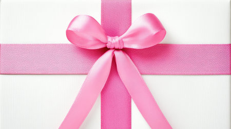 A beautifully wrapped white gift box adorned with a vibrant pink ribbon and bow, ideal for enhancing celebrations or special moments, adding elegance.の素材