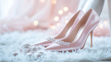 This stunning image showcases elegant pink high heels adorned with sparkling details, resting on a soft fur background, ideal for fashion and bridal themes.の素材