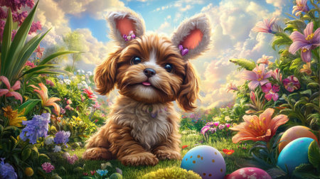 This enchanting image features a small dog with bunny ears sitting amidst vibrant flowers and colorful Easter eggs, capturing the joy of springtime in an idyllic garden setting.の素材