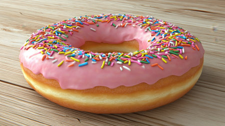 A delightful pink iced donut topped with colorful sprinkles rests on a rustic wooden table, perfect for capturing the essence of indulgent treats.の素材