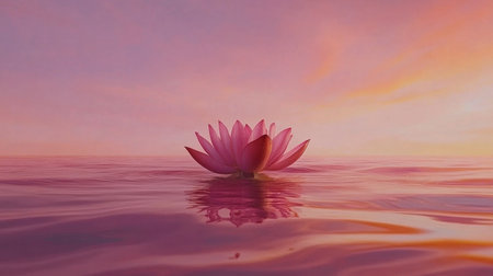 A stunning pink lotus flower gracefully floats atop a serene water surface, reflecting the vibrant colors of a gentle sunrise, evoking peace and tranquility.の素材