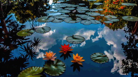 This captivating image features a serene pond adorned with vibrant water lilies, reflecting the lush greenery and blue sky above, embodying tranquility and beauty.の素材