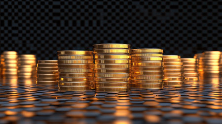An artistic display of shiny gold coins stacked on a reflective surface, creating a stunning visual effect against a checkered background, symbolizing wealth.の素材