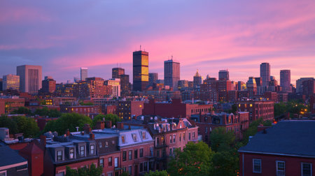 A stunning view of a vibrant city skyline during dusk with colorful sunset hues illuminating the buildings and creating a picturesque urban landscape.の素材