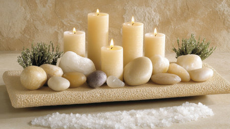 A serene display featuring lit candles, smooth pebbles, and decorative elements ideal for creating a calming atmosphere in home or spa environments.の素材