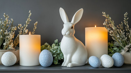 This charming Easter decoration showcases a white rabbit surrounded by warm candles and colorful eggs, creating a cozy and festive atmosphere for spring celebrations.の素材