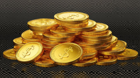 A vibrant and visually appealing pile of golden coins placed against a dark background, representing themes of wealth, prosperity, and financial success.の素材