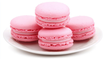 Delight in the visual appeal of soft pink French macarons elegantly stacked on a white plate, perfect for gourmet dessert showcases or sweet treat photography.の素材
