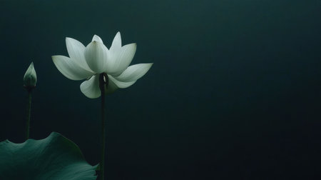 This stunning image captures a white lotus flower gracefully emerging from dark waters, highlighting its ethereal beauty and tranquil essence, perfect for nature themes.の素材
