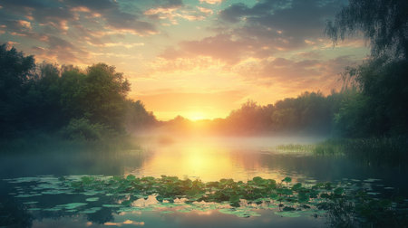 This stunning image captures a tranquil sunrise illuminating a misty lake, accented by lush greenery and floating lily pads, creating a peaceful atmosphere in nature.の素材