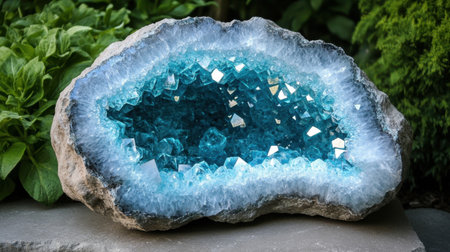 A beautiful geode showcasing mesmerizing blue quartz crystals and iridescent facets. The natural setting enhances its striking colors and textures.の素材