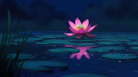 A beautiful pink lotus flower floats gracefully on a calm pond at night, surrounded by lush greenery and reflecting leaves, evoking tranquility and peace.の素材