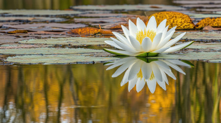 A stunning water lily floats gracefully on a calm pond, reflecting its beauty in the still waters. Surrounded by autumn leaves, this peaceful scene captures the essence of nature's tranquility.の素材
