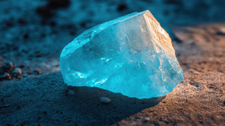 A striking blue crystal rests on soft sandy ground, bathed in warm natural light. This captivating image highlights the beauty of earth's minerals.の素材