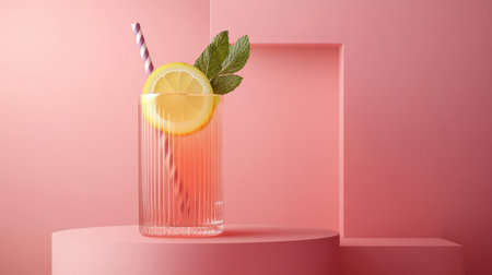 A vibrant lemonade drink featuring a fresh lemon slice and mint leaves, served in a stylish glass with a striped straw, set against a soft pink background, creating a refreshing and aesthetic atmosphere.の素材