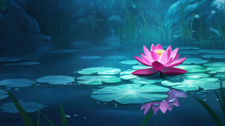 A stunning pink lotus flower floats gracefully on the surface of a serene pond, surrounded by lush greenery and calm waters, creating a peaceful atmosphere.の素材
