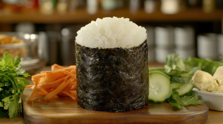 A vibrant display of fresh sushi ingredients featuring a mound of rice wrapped in seaweed, surrounded by crisp vegetables and condiments, perfect for culinary inspiration.の素材