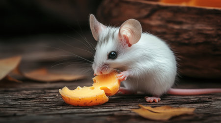A delightful image capturing a small white mouse nibbling on a piece of cheese. The setting features rustic wooden textures and scattered autumn leaves, creating a cozy and charming atmosphere.の素材
