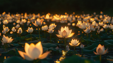 A mesmerizing evening scene featuring glowing lotus flowers that illuminate the calm water. The tranquil setting evokes serenity and beauty in nature.の素材