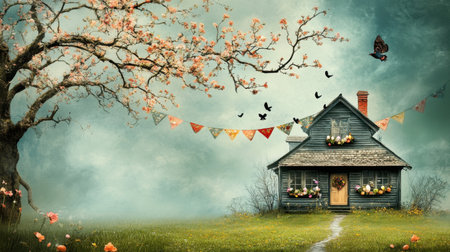 A picturesque country house is nestled in a serene landscape, adorned with blooming flowers and colorful bunting, creating a tranquil scene.の素材
