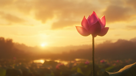 A breathtaking view of a single blooming lotus flower against a stunning sunrise backdrop. The soft golden light enhances the beauty of nature, evoking serenity.の素材