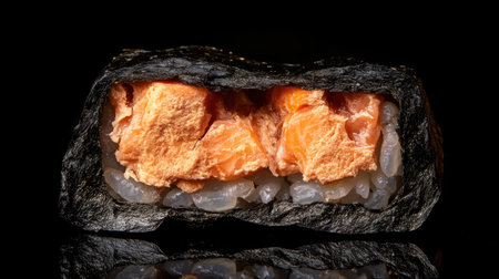 A beautifully crafted sushi roll featuring fresh salmon layered on a bed of sushi rice wrapped in seaweed, presented against a sleek black backdrop.の素材