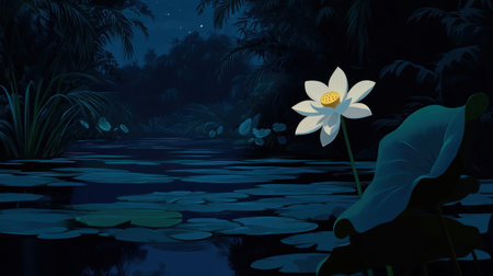This beautiful nighttime scene features a solitary lotus flower blooming amidst a tranquil pond. Surrounded by lush greenery, gentle moonlight reflects off the water, creating a peaceful atmosphere perfect for relaxation and meditation.の素材