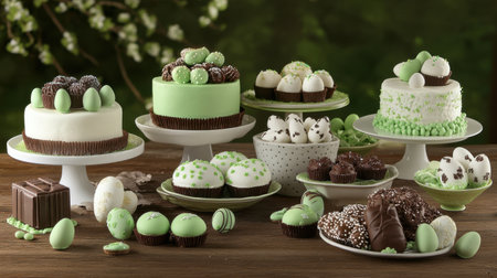 A visually appealing assortment of green and white desserts, including cakes, cupcakes, and decorative eggs, arranged beautifully on platters. Perfect for celebrations.の素材