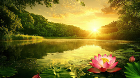 This stunning image captures a serene sunset over a tranquil lake, showcasing a beautiful lotus flower in bloom. Lush greenery and gentle reflections create a peaceful atmosphere.の素材