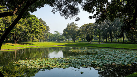 A peaceful park scene featuring a tranquil pond with lily pads, surrounded by lush green trees under a clear blue sky, offering serenity and natural beauty.の素材