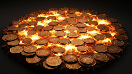 This captivating image features a pile of glowing golden coins atop a wooden surface, radiating a warm, fiery illumination that evokes feelings of wealth and wonder.の素材