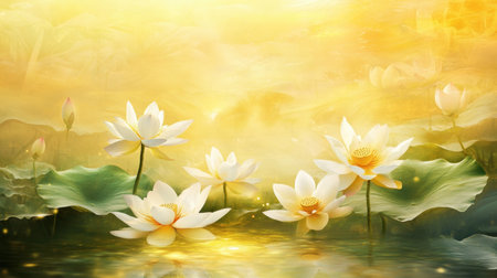 A breathtaking scene of elegant lotus flowers blooming over tranquil water, bathed in warm sunlight, offering a sense of peace and serenity.の素材
