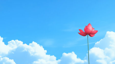 A stunning pink lotus flower stands tall against a bright blue sky dotted with soft white clouds, embodying tranquility and natural beauty.の素材
