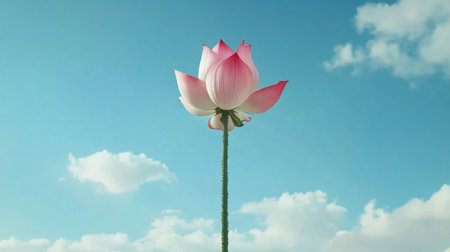 A stunning pink lotus flower rises gracefully against a vibrant blue sky dotted with fluffy clouds, evoking feelings of peace and tranquility.の素材