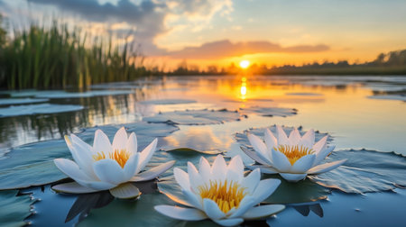 Experience the tranquil beauty of water lilies blooming in a serene lake at sunrise. The golden light reflects on the water, creating a peaceful atmosphere.の素材